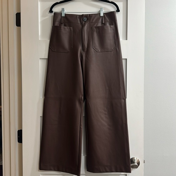 The Colette Cropped Wide-Leg Pants by Maeve: Faux-Leather Edition Brown Size 29 - Picture 7 of 9